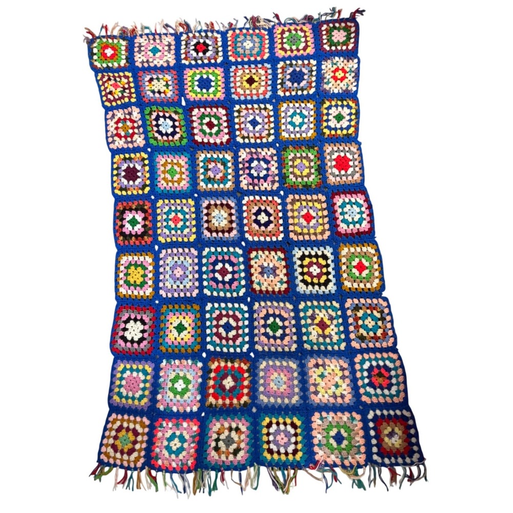 Granny Square Blanket Blue multicolor 73" x 47" Fringe Throw Blanket Vintage‎